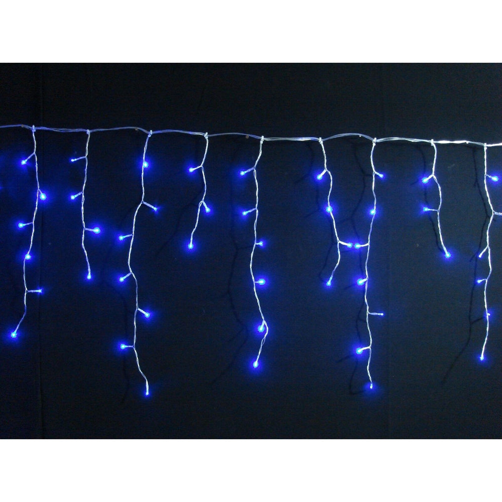 Instalatie Craciun, Tip Franjuri/Turturi, 7 m, 200 LED-uri, Prelungitor 1.5 m, 8 Jocuri de Lumini, Interconectabila, Conectare la Retea, Fir transparent, Interior/Exterior, Albastru