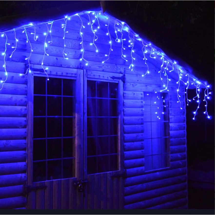 Instalatie Craciun, Tip Franjuri/Turturi, 7 m, 200 LED-uri, Prelungitor 1.5 m, 8 Jocuri de Lumini, Interconectabila, Conectare la Retea, Fir transparent, Interior/Exterior, Albastru