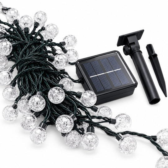 Instalatie Craciun, Tip Globuri de cristal, 100 Led-uri, 12 metri, Multicolor, Energie solara, Senzor de lumina