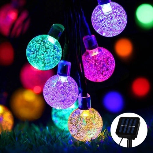 Instalatie Craciun, Tip Globuri de cristal, 20 Led-uri, 5 metri, Multicolor, Energie solara, Senzor de lumina