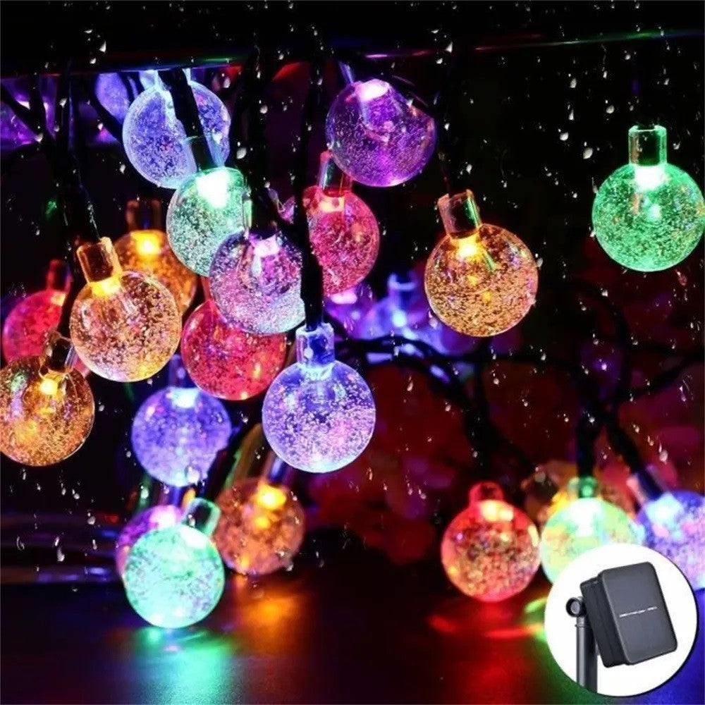 Instalatie Craciun, Tip Globuri de cristal, 200 Led-uri, 22 metri, Multicolor, Energie solara, Senzor de lumina