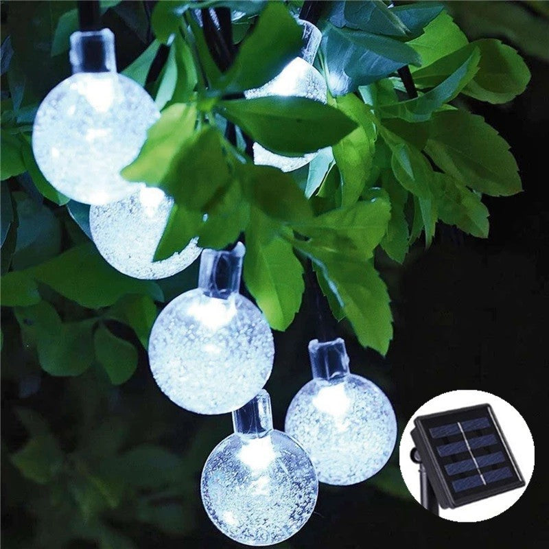Instalatie Craciun, Tip Globuri de cristal, 30 Led-uri, 6.5 metri, Alb rece, Energie solara, Senzor de lumina