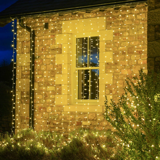 Instalatie Craciun, Tip Perdea, 1 m x 1 m, 60 LED-uri, Alb Cald, Controler, 8 jocuri de lumini, Interconectabila, Fir transparent, Interior/ Exterior