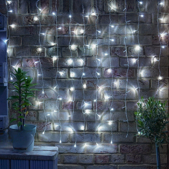 Instalatie Craciun, Tip Perdea, 1 m x 1 m, 60 LED-uri, Alb Rece, Controler, 8 jocuri de lumini, Interconectabila, Fir transparent, Interior/ Exterior