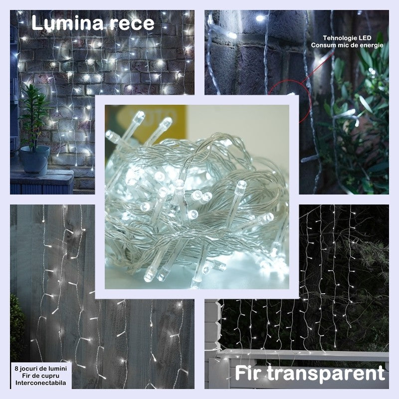 Instalatie Craciun, Tip Perdea, 1 m x 1 m, 60 LED-uri, Alb Rece, Controler, 8 jocuri de lumini