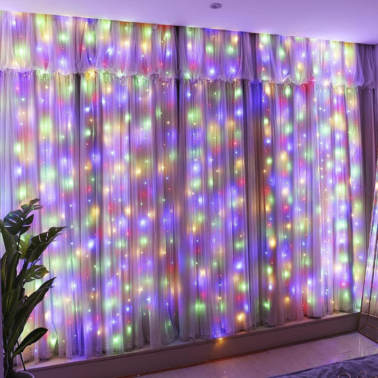 Instalatie Craciun, Tip Perdea, 1 m x 1 m, 60 LED-uri, Multicolor, Controler, 8 jocuri de lumini, Interconectabila, Fir transparent, Interior/ Exterior