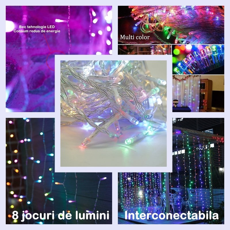 Instalatie Craciun, Tip Perdea, 2 m x 1 m, 120 LED-uri, Prelungitor 1.5 m, 8 Jocuri de Lumini, Interconectabila, Fir transparent, Interior/Exterior, Multicolor