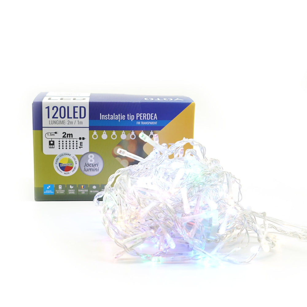 Instalatie Craciun, Tip Perdea, 2 m x 1 m, 120 LED-uri, Prelungitor 1.5 m, 8 Jocuri de Lumini, Interconectabila, Fir transparent, Interior/Exterior, Multicolor