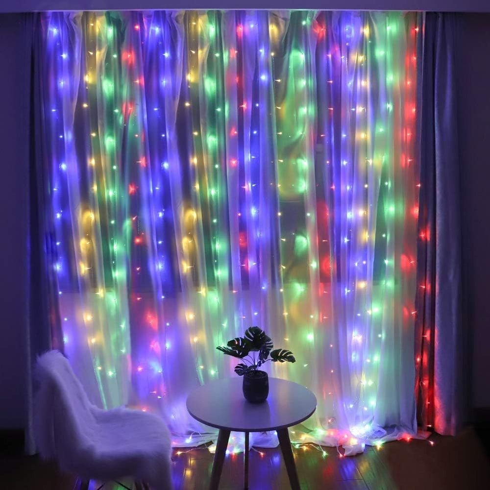 Instalatie Craciun, Tip Perdea, 2 m x 1 m, 120 LED-uri, Prelungitor 1.5 m, 8 Jocuri de Lumini, Interconectabila, Fir transparent, Interior/Exterior, Multicolor