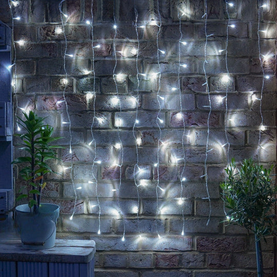 Instalatie Craciun, Tip Perdea, 3 m x 3 m, 320 LED-uri, Prelungitor 1.5 m, 8 Jocuri de Lumini, Interconectabila, Fir transparent, Interior/Exterior, Alb Rece