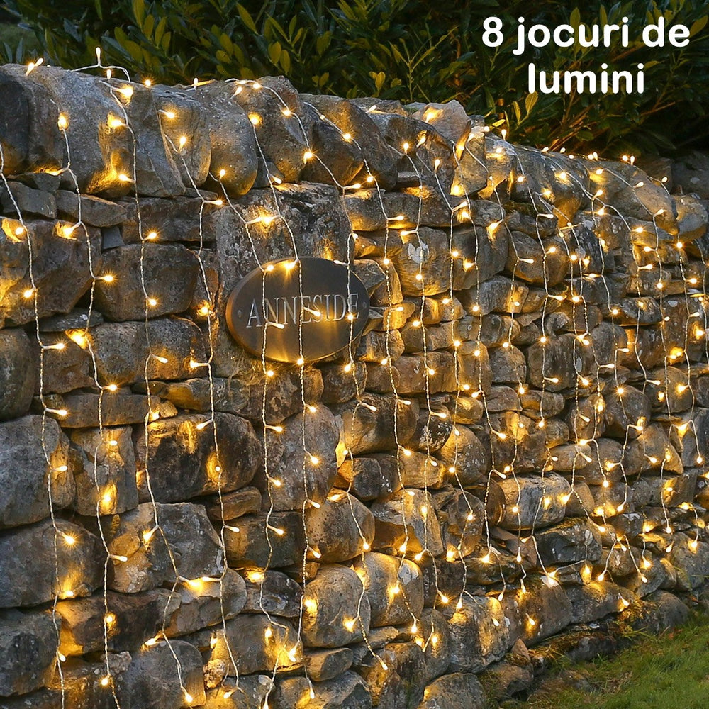 Instalatie Craciun, Tip Perdea, 5 m x 1 m, 200 LED-uri, Prelungitor 1.5 m, 8 Jocuri de Lumini, Interconectabila, Fir transparent, Interior/Exterior, Alb Cald