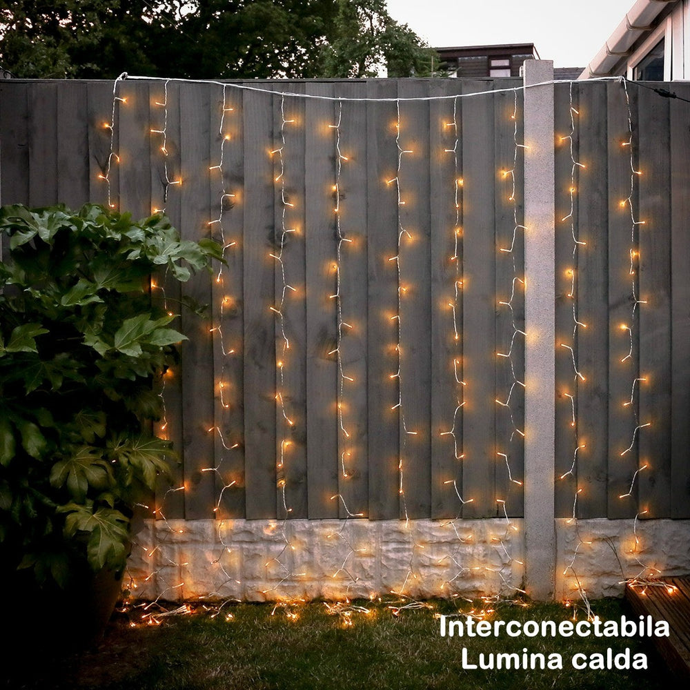 Instalatie Craciun, Tip Perdea, 5 m x 1 m, 200 LED-uri, Prelungitor 1.5 m, 8 Jocuri de Lumini, Interconectabila, Fir transparent, Interior/Exterior, Alb Cald