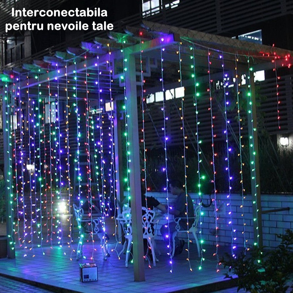 Instalatie Craciun, Tip Perdea, 5 m x 1 m, 200 LED-uri, Prelungitor 1.5 m, 8 Jocuri de Lumini, Interconectabila, Fir transparent, Interior/Exterior, Multicolor