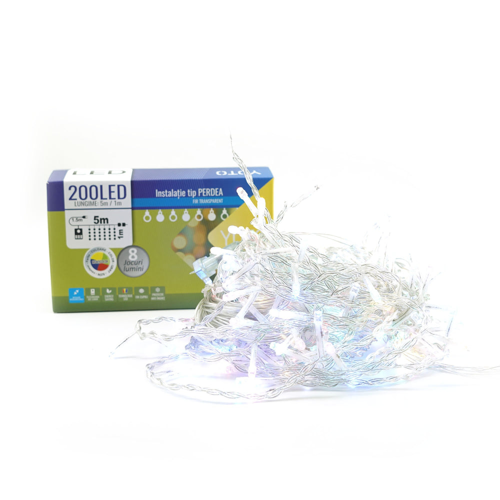 Instalatie Craciun, Tip Perdea, 5 m x 1 m, 200 LED-uri, Prelungitor 1.5 m, 8 Jocuri de Lumini, Interconectabila, Fir transparent, Interior/Exterior, Multicolor