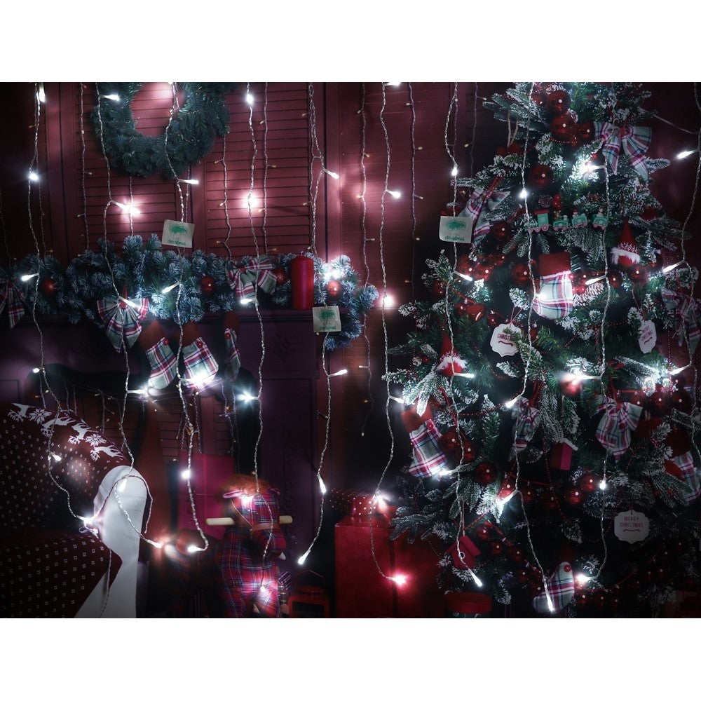 Instalatie Craciun, Tip Perdea, IP44, 1 m x 1 m, 60 LED-uri, Alb rece, 8 jocuri de lumini