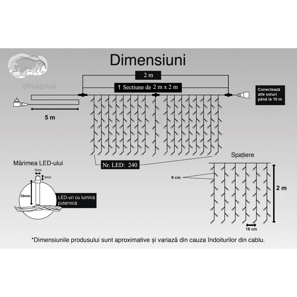 Instalatie Craciun, Tip Perdea, IP44, 2 m x 2 m, 240 LED-uri, Alb rece, cu flash, Transformator cu