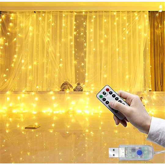 Instalatie Craciun, Tip Perdea IP44, 3m x 1m, 100 Led-uri, Alb cald, USB si telecomanda cu 8 functii