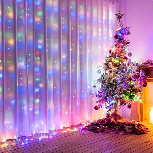 Instalatie Craciun, Tip Perdea IP44, 3m x 1m, 100 Led-uri, Multicolor, USB si telecomanda cu 8 functii