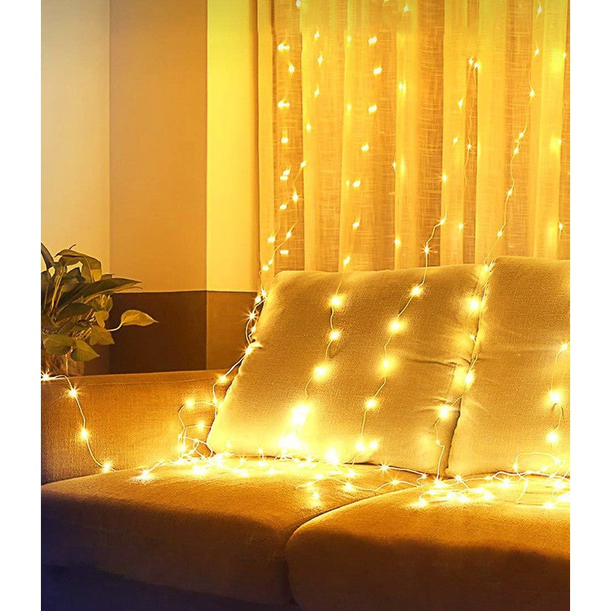 Instalatie Craciun, Tip Perdea IP44, 3m x 3m, 300 Led-uri, Alb cald, USB si telecomanda cu 8