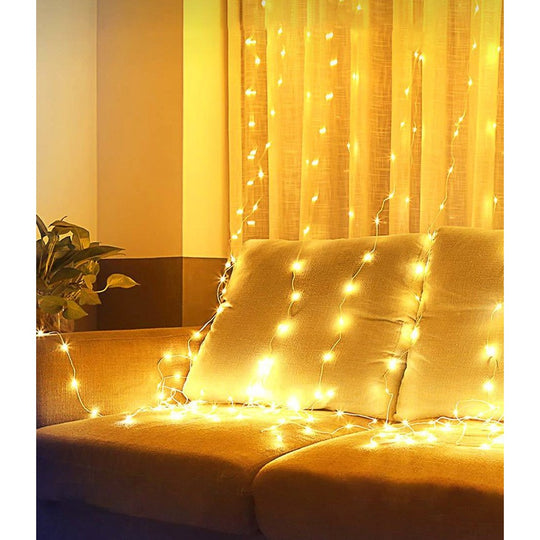 Instalatie Craciun, Tip Perdea IP44, 3m x 3m, 300 Led-uri, Alb cald, USB si telecomanda cu 8 functii