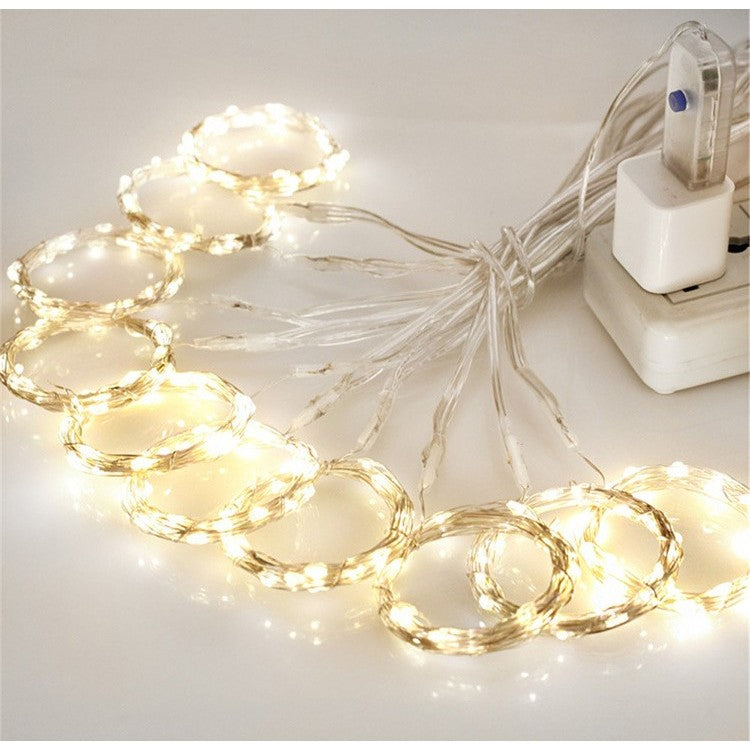 Instalatie Craciun, Tip Perdea IP44, 3m x 3m, 300 Led-uri, Alb cald, USB si telecomanda cu 8