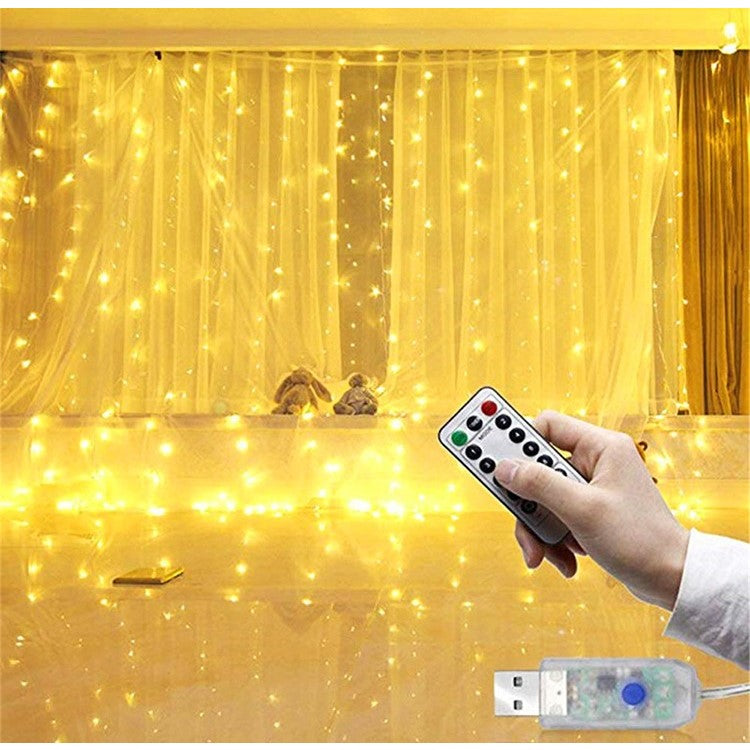 Instalatie Craciun, Tip Perdea IP44, 3m x 3m, 300 Led-uri, Alb cald, USB si telecomanda cu 8