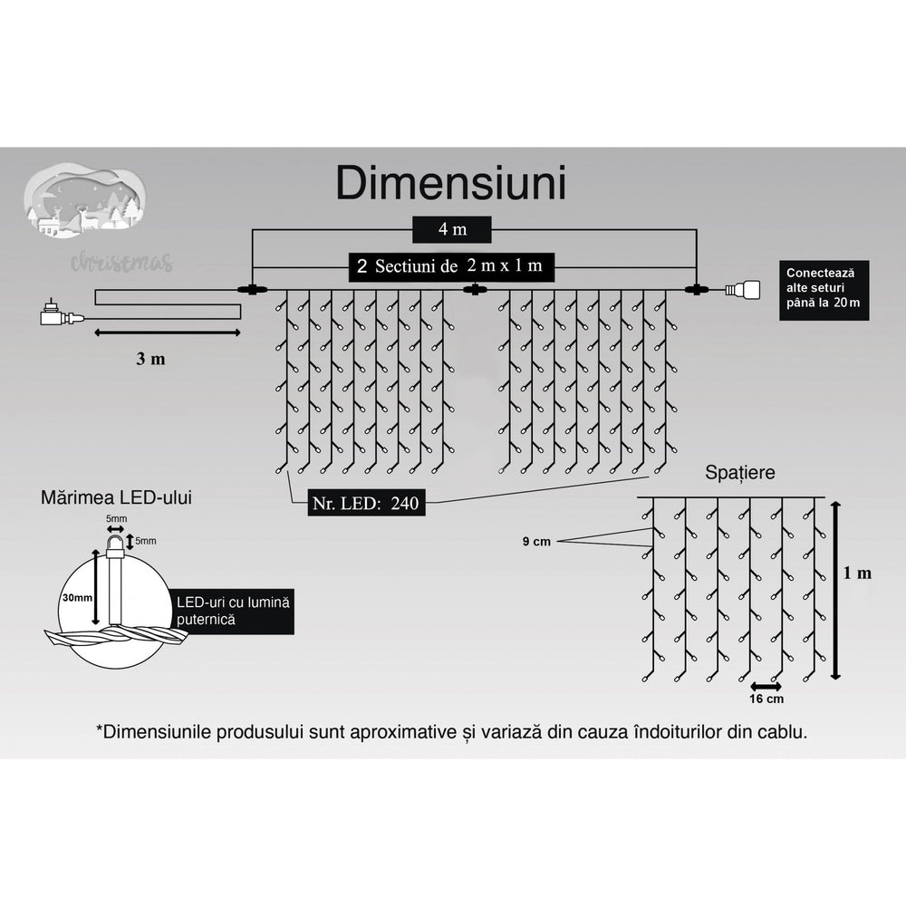 Instalatie Craciun, Tip Perdea, IP44, 4 m x 1 m, 240 LED-uri, Albastru, 8 jocuri de lumini