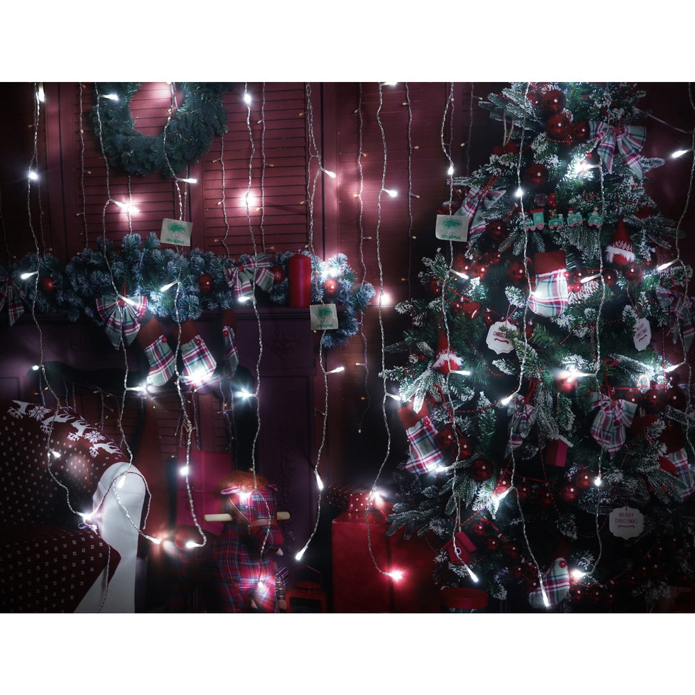 Instalatie Craciun, Tip Perdea, IP44, 5 m x 1 m, 300 LED-uri, Alb rece, 8 jocuri de lumini
