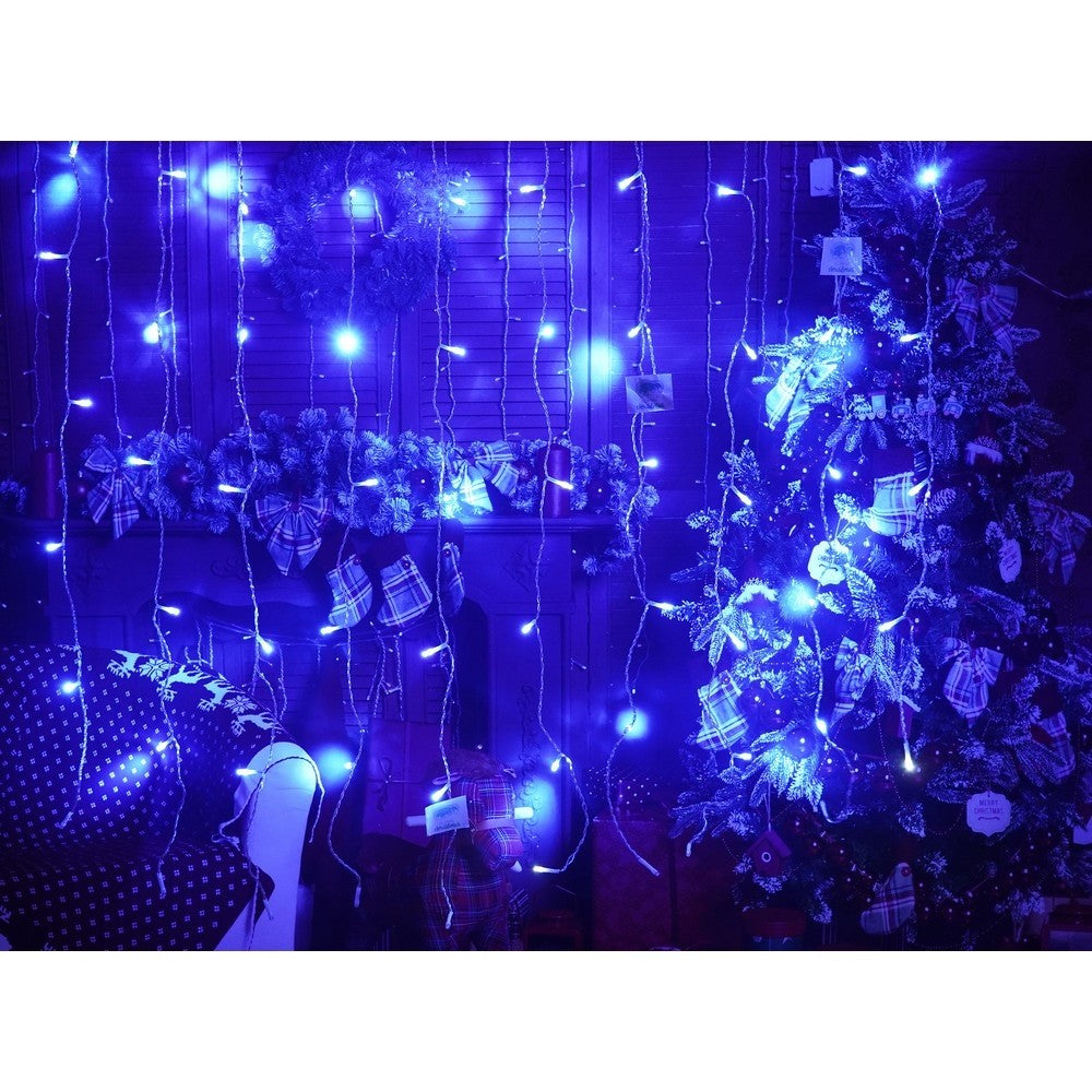 Instalatie Craciun, Tip Perdea, IP44, 7 m x 1 m, 420 LED-uri, Albastru, cu flash, Transformator cu