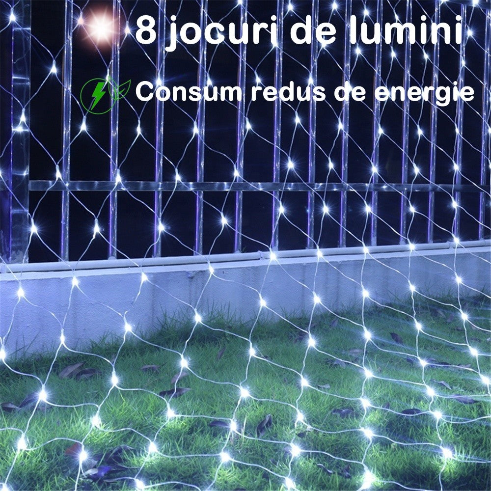 Instalatie Craciun, Tip Plasa, 1.2 m x 1.2 m, 80 LED-uri, Prelungitor 1.5 m, 8 Jocuri de Lumini, Interconectabila, Fir transparent, Interior/Exterior, Alb Rece