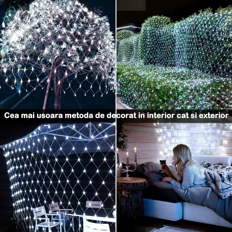 Instalatie Craciun, Tip Plasa, 1.2 m x 1.2 m, 80 LED-uri, Prelungitor 1.5 m, 8 Jocuri de Lumini, Interconectabila, Fir transparent, Interior/Exterior, Alb Rece