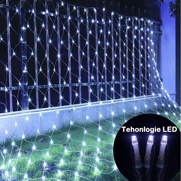 Instalatie Craciun, Tip Plasa, 1.2 m x 1.2 m, 80 LED-uri, Prelungitor 1.5 m, 8 Jocuri de Lumini, Interconectabila, Fir transparent, Interior/Exterior, Alb Rece