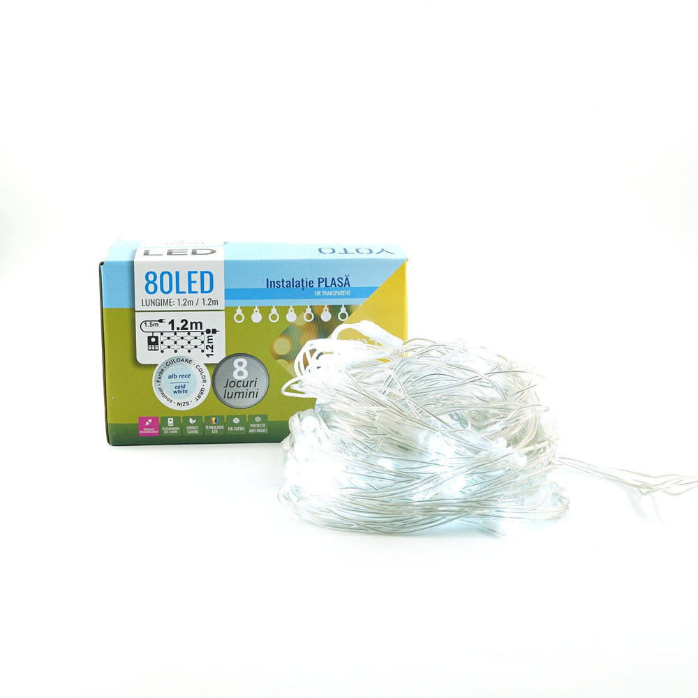 Instalatie Craciun, Tip Plasa, 1.2 m x 1.2 m, 80 LED-uri, Prelungitor 1.5 m, 8 Jocuri de Lumini, Interconectabila, Fir transparent, Interior/Exterior, Alb Rece
