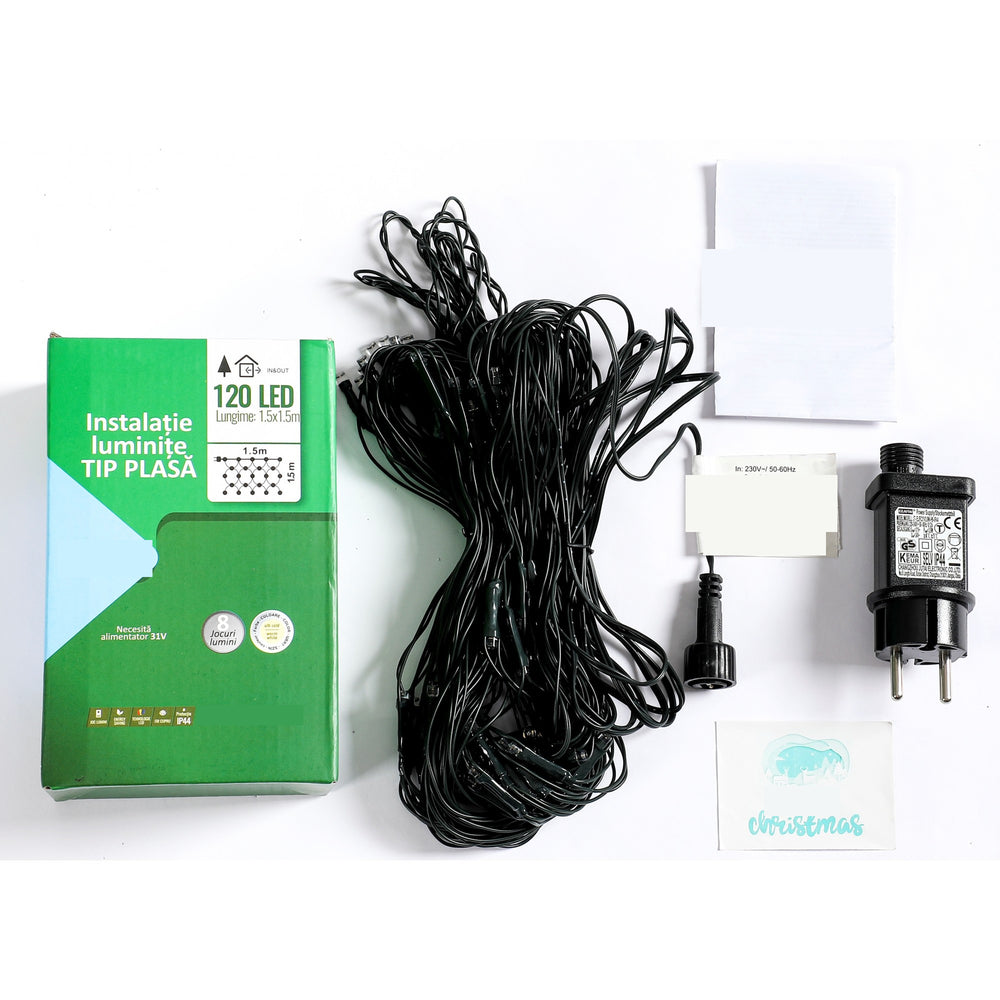 Instalatie Craciun tip plasa, cu transformator 31V, 1.5 m x 1.5 m, Alb Cald, 120 LED-uri V5, 8