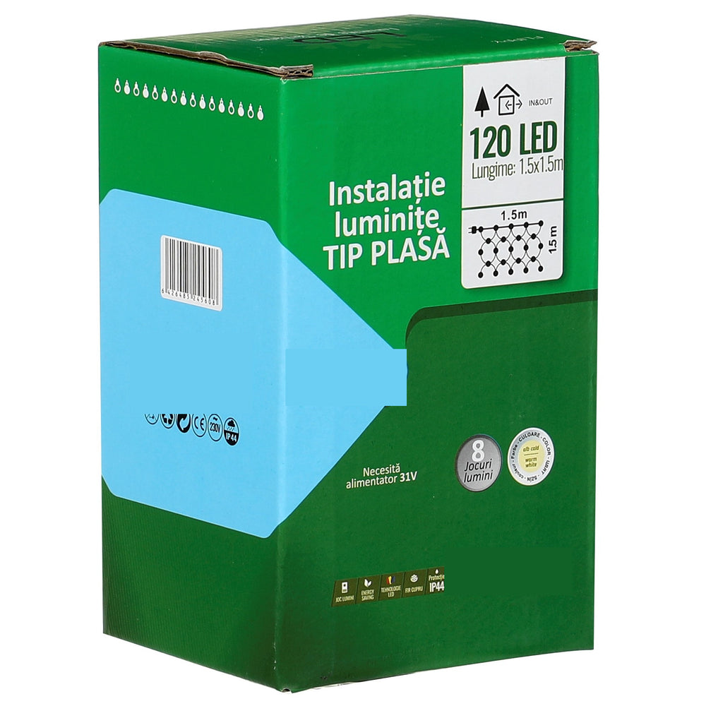 Instalatie Craciun tip plasa, cu transformator 31V, 1.5 m x 1.5 m, Alb Cald, 120 LED-uri V5, 8