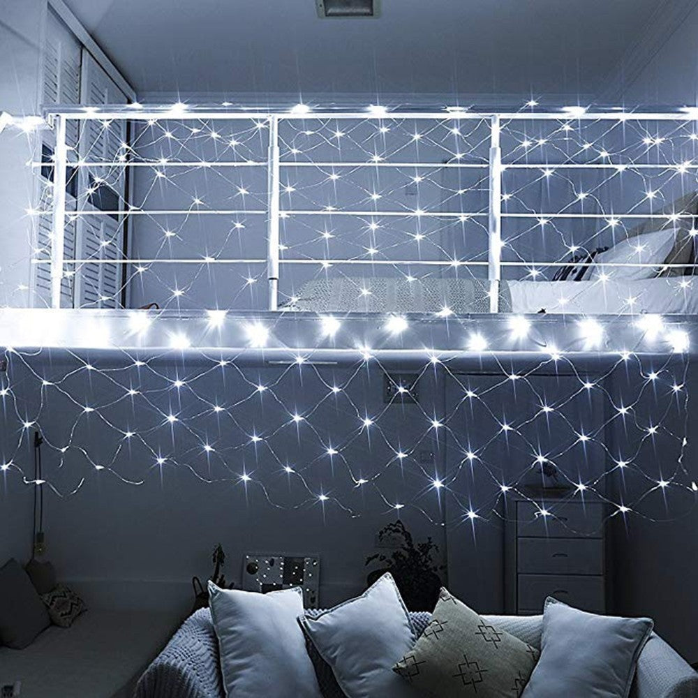 Instalatie Craciun, Tip Plasa, IP 44, 22 x 1 m, 1120 LED-uri, Alb rece, 8 jocuri de lumini, Transformator cu telecomanda, Interconectabila, Prelungitor 5 m inclus, Fir transparent