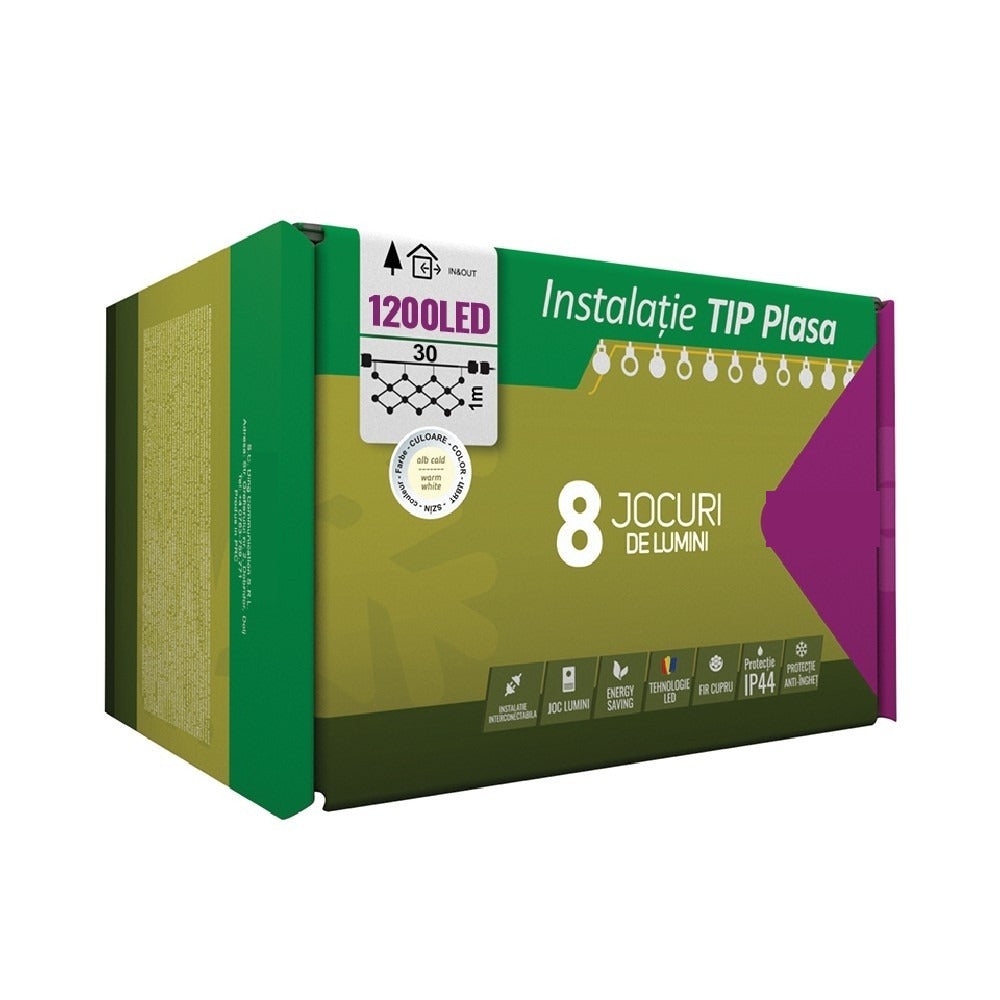 Instalatie Craciun, Tip Plasa, IP 44, 30 x 1 m, 1200 LED-uri, Alb cald, 8 jocuri de lumini, Transformator cu telecomanda, Interconectabila, Prelungitor 3 m inclus, Fir transparent
