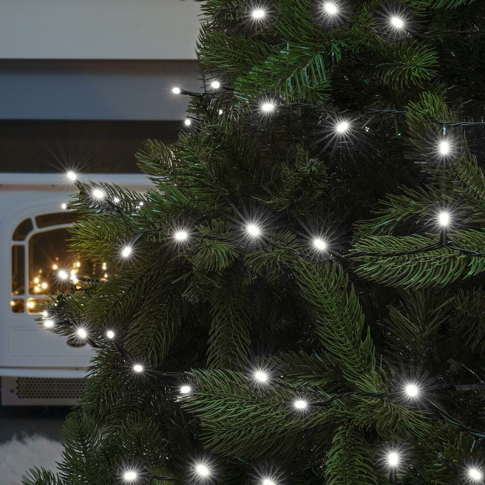 Instalatie de Craciun liniara, 17 m, din care 1 m cablu priza 220V, 200 LED, 8 jocuri de lumini, beculet in 6 colturi, pentru interior, controler, fir negru, alb rece