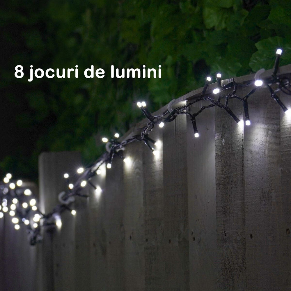 Instalatie de Craciun liniara, 17 m, din care 1 m cablu priza 220V, 200 LED, 8 jocuri de lumini, beculet in 6 colturi, pentru interior, controler, fir negru, alb rece
