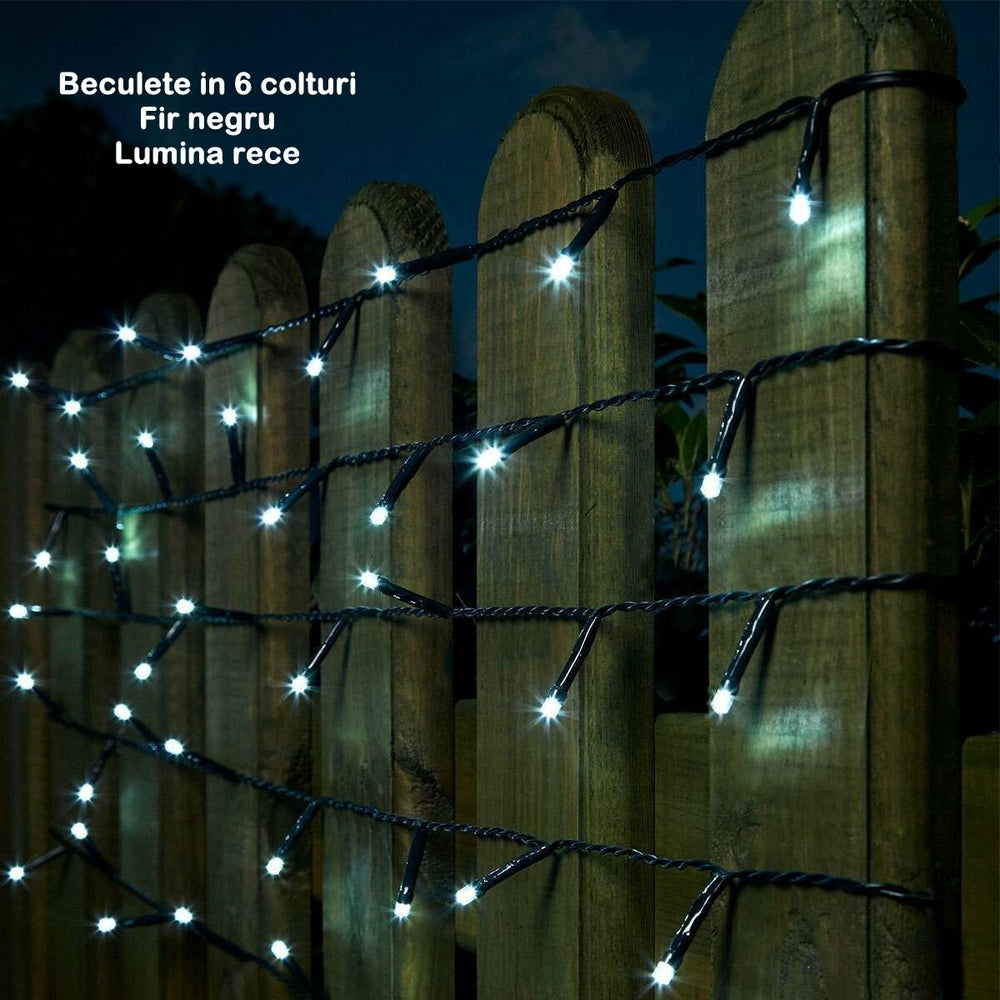 Instalatie de Craciun liniara, 17 m, din care 1 m cablu priza 220V, 200 LED, 8 jocuri de lumini, beculet in 6 colturi, pentru interior, controler, fir negru, alb rece