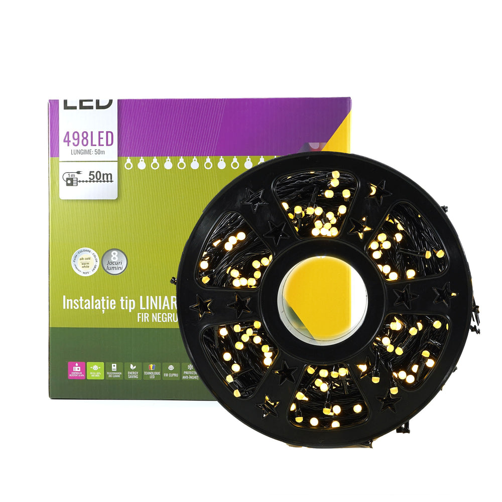 Instalatie de Craciun Liniara, 50 m, 1 m Prelungitor 220V, 498 LED, 8 Jocuri de Lumini, Controler, Fir Negru, Utilizare Interior/Exterior, Protectie anti-inghet, Fir Cupru, Alb Cald