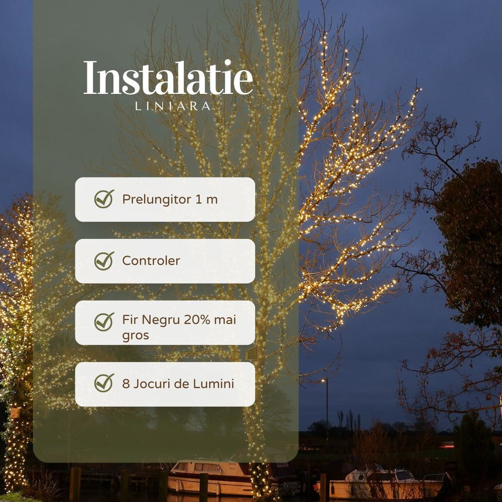 Instalatie de Craciun Liniara, 50 m, 1 m Prelungitor 220V, 498 LED, 8 Jocuri de Lumini, Controler, Fir Negru, Utilizare Interior/Exterior, Protectie anti-inghet, Fir Cupru, Alb Cald