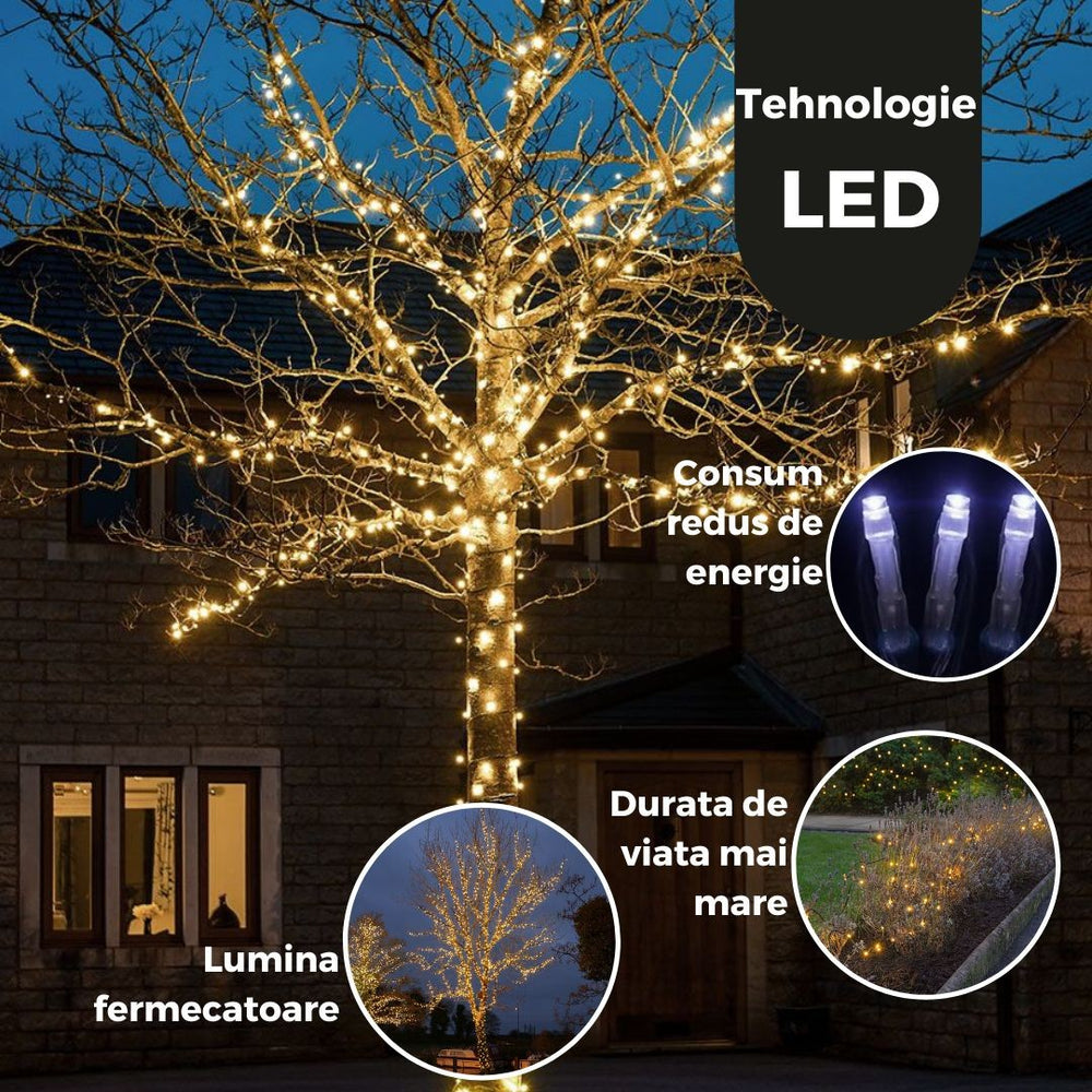 Instalatie de Craciun Liniara, 50 m, 1 m Prelungitor 220V, 498 LED, 8 Jocuri de Lumini, Controler, Fir Negru, Utilizare Interior/Exterior, Protectie anti-inghet, Fir Cupru, Alb Cald