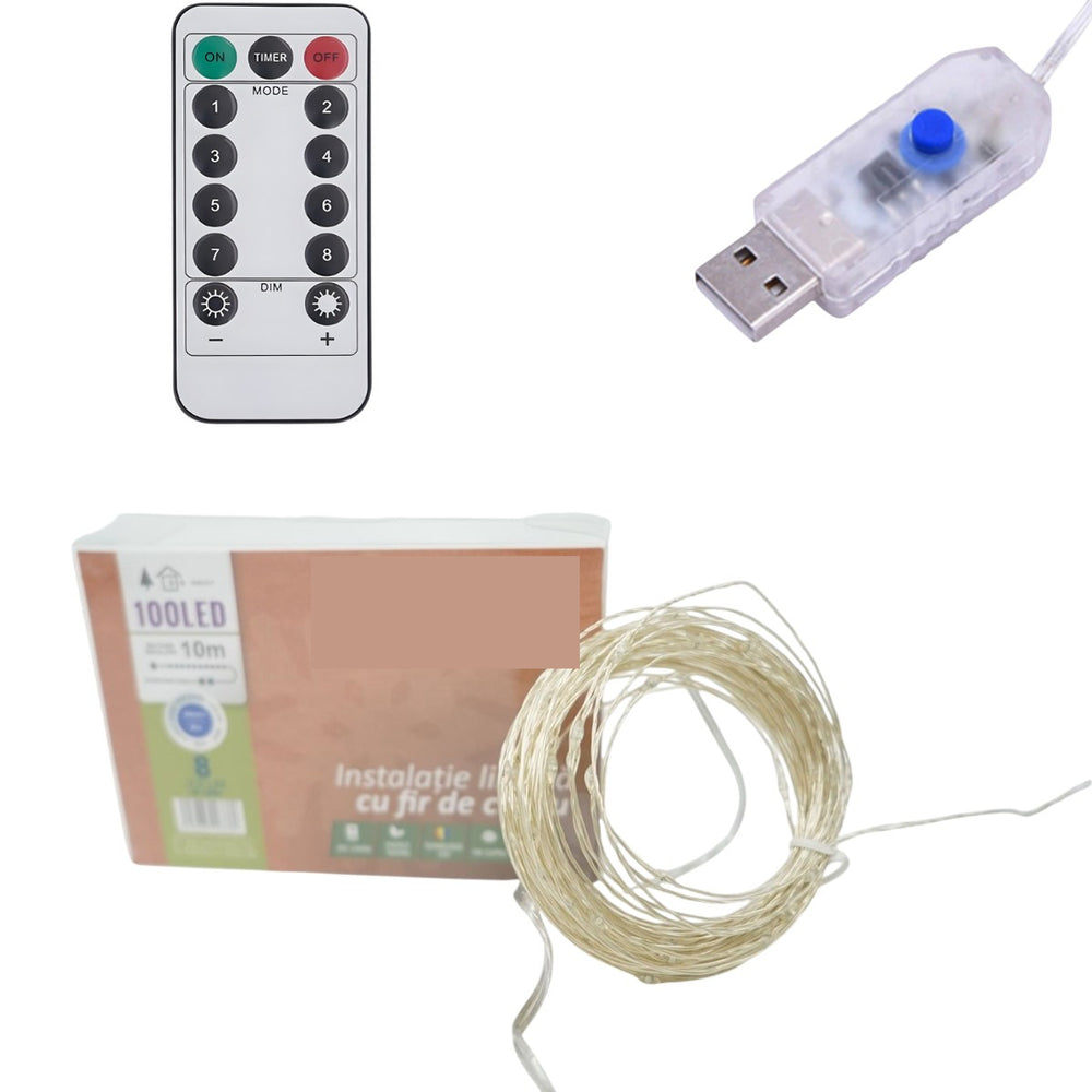 Instalatie de Craciun Liniara, Tip Liniara, Fir Cupru, 8 Jocuri de Lumini, cu Telecomanda, 10 m, 100 Led-uri, Alimentare USB, 4.5V, Albastru