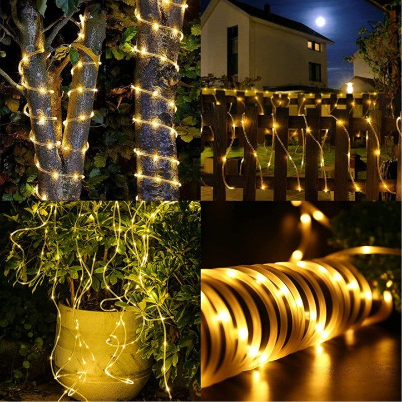 Instalatie luminoasa de Craciun cu LED, 100 LED-uri tip Tub, 12 metri lungime, 8 programe, 2 metri prelungitor, incarcare solara, alb cald