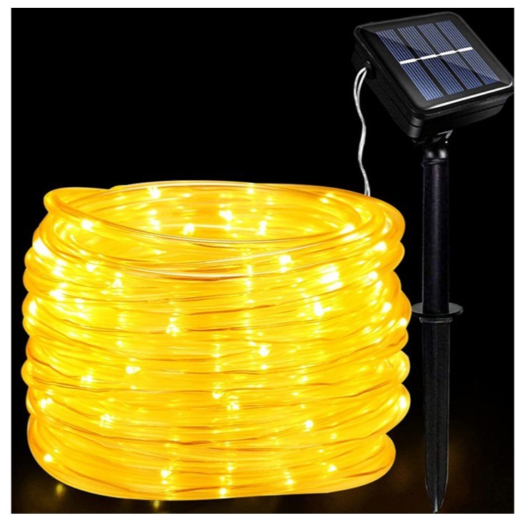 Instalatie luminoasa de Craciun cu LED, 100 LED-uri tip Tub, 12 metri lungime, 8 programe, 2 metri prelungitor, incarcare solara, alb cald