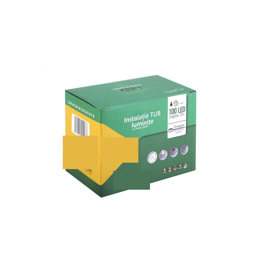 Instalatie luminoasa de Craciun cu LED, 100 LED-uri tip Tub, 12 metri lungime, 8 programe, 2 metri prelungitor, incarcare solara, alb cald