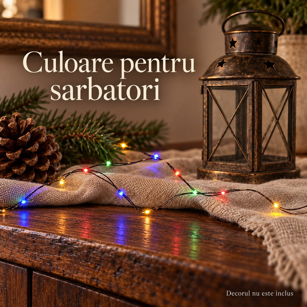 Instalatie Luminoasa de Craciun, Tip Sir cu Fir din Cupru, 50 LED-uri, cu Baterii, 2 Moduri, 5 m, Multicolor