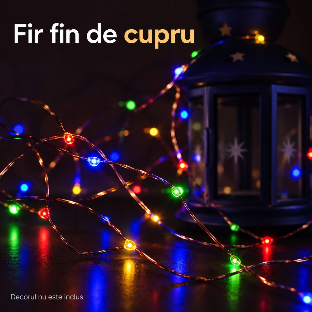 Instalatie Luminoasa de Craciun, Tip Sir cu Fir din Cupru, 50 LED-uri, cu Baterii, 2 Moduri, 5 m, Multicolor