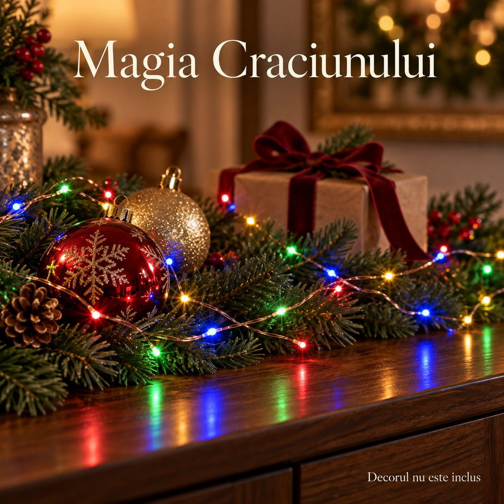 Instalatie Luminoasa de Craciun, Tip Sir cu Fir din Cupru, 50 LED-uri, cu Baterii, 2 Moduri, 5 m, Multicolor